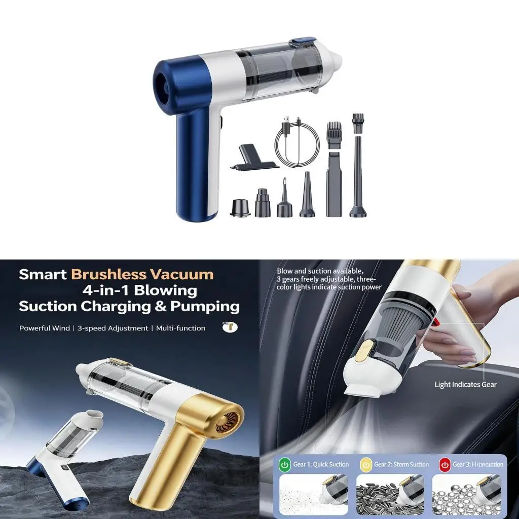Multifunctional Handheld Car Vacuum with Fan Inflator Deflator Functions High Power Nonbrush Motor for Auto and Home Cleansing