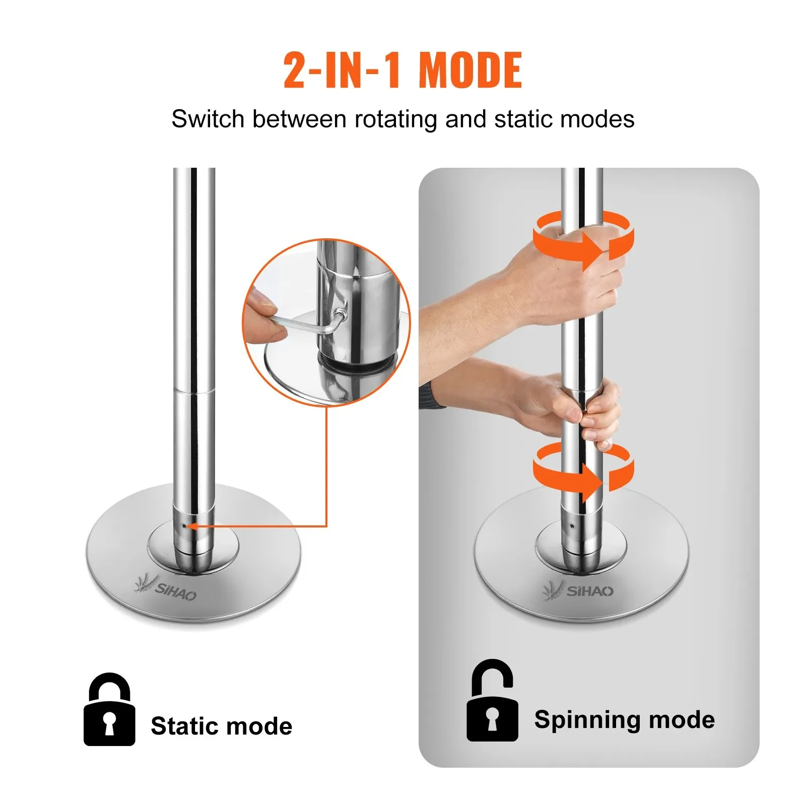 SIHAO Dance Pole Spinning Static 2-in-1 45mm Stainless Steel Height Adjustable Portable Pole for Home Gym Club Fitness Workout