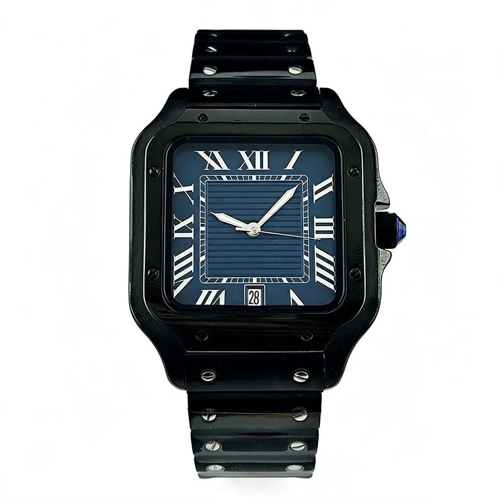 2026  black watch 6 o'clock watch custom logo Roman dial NH35 square watch 38mm watch stainless steel watch NH35 movement view 6