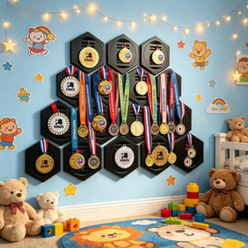 3DPrinted Hexagon Wall Medal Display Rack Splicable Marathon Medal Frame Punch Free With Adhesive Strips Home Office Honor Decor