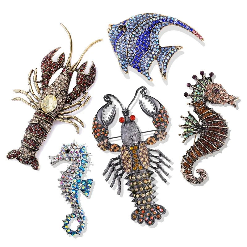 Broches de vida marina de lujo y langosta, Pin de pez para mujer, cangrejo esmaltado, Clip de caballito de mar, accesorios, ropa, bufanda, regalos