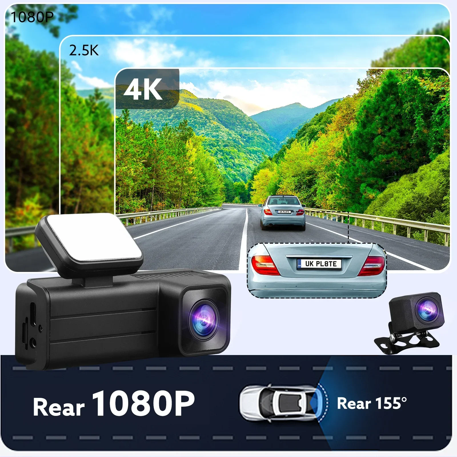 4K+1080P Dual Camera, Dash Cam Front And Rear With Night Vision, Loop Recording, Wide Angle Car DVR With 1.97" Screen image 3