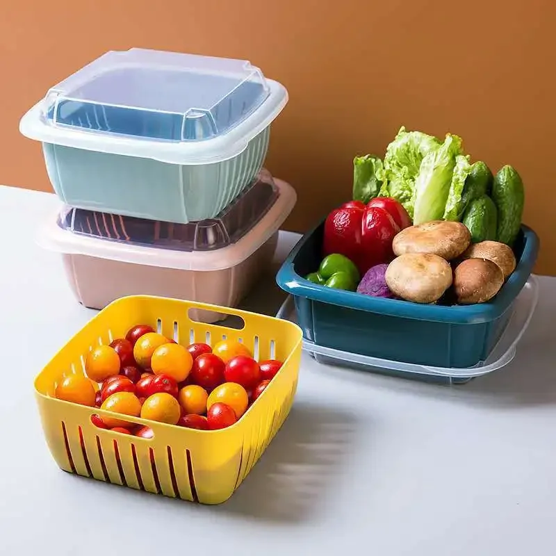 3 In 1 Double Layer Drain Basket Box with Lid Multifunction Refrigerator Crisper Storage Container Vegetable Organizer