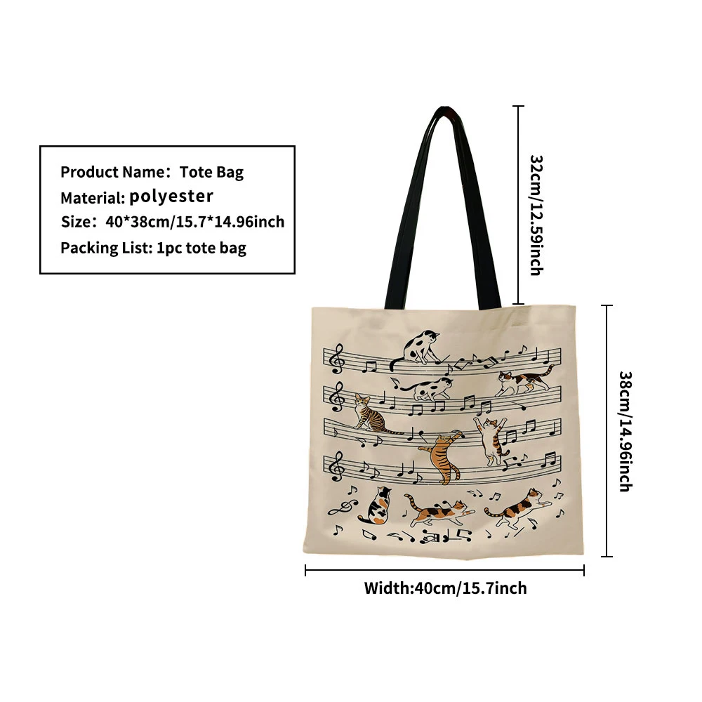 Musical Note Cats Canvas Tote Bag – Cute Multi-Pattern Kittens Playing On Staff & Musical Symbols Print, Eco-Friendly Cream Shou