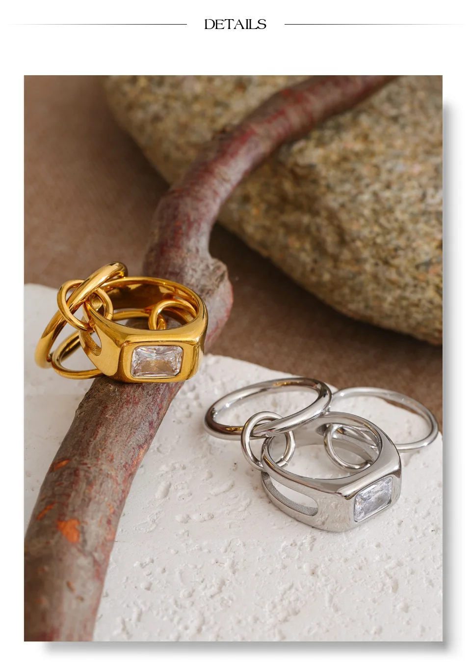 Yhpup Größe 678 Edelstahl-Ring mit kubischem Zirkonia, 3-lagig, gestapelt, 18K PVD-beschichtet, hochwertiger Guss-Schmuck – Detail 8