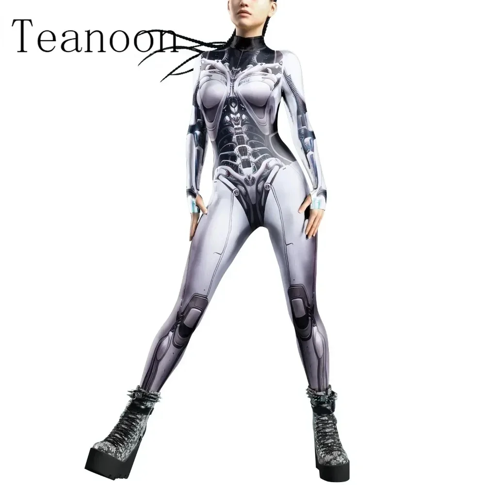 Adult Women Jumpsuit Steampunk Armor Printed Cosplay Costumes Halloween Carnival Party Spandex Zentai Outfit