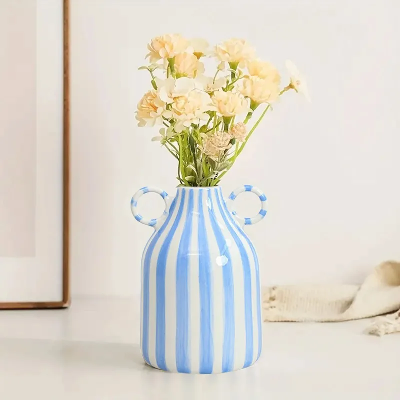 Double Ear Striped Ceramic Vase Nordic Style Art Vase Decoration Home Living Room Desktop Bloom Holder Decoration Room Decor