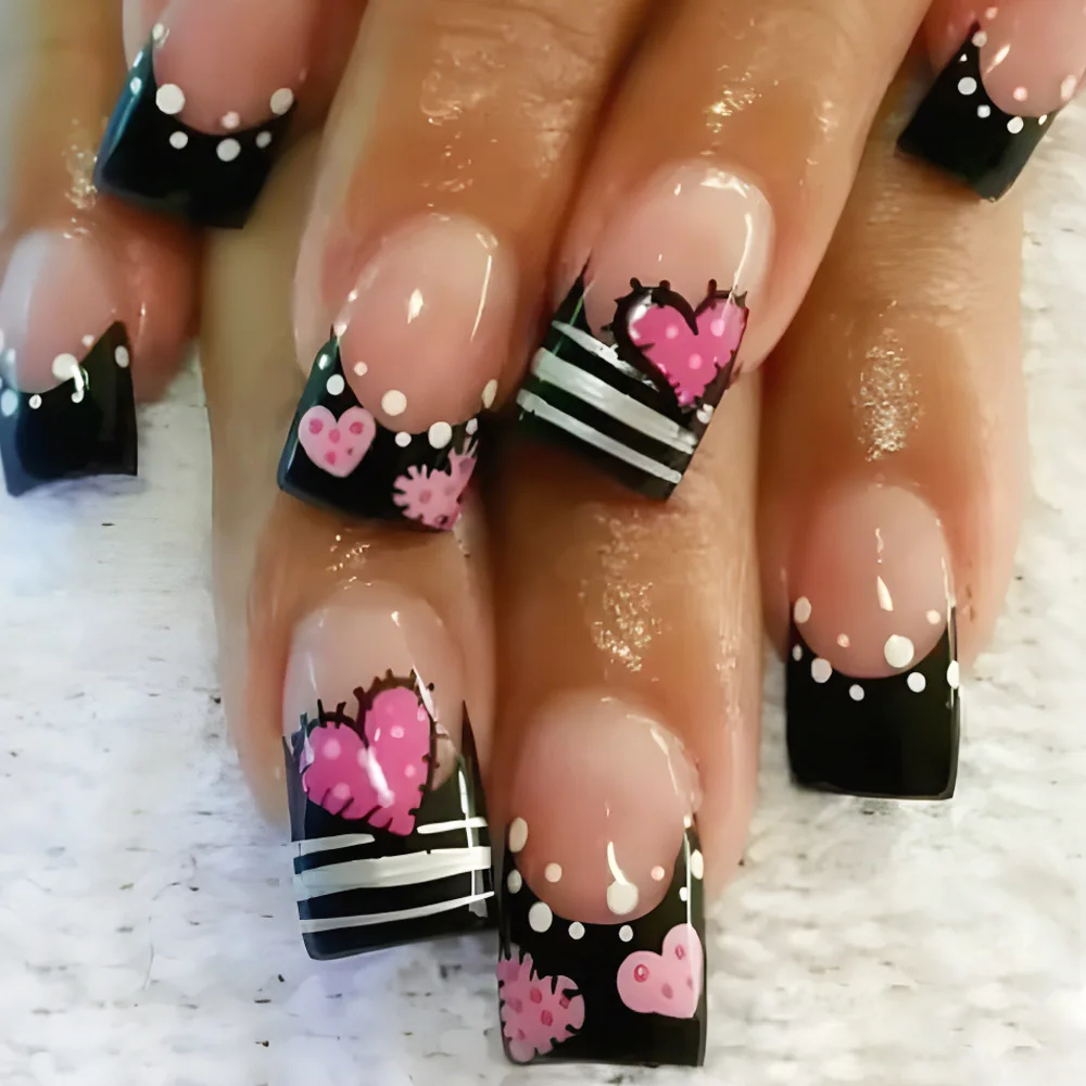 24pcs Y2K Fake Nails with Lovely Black Heart Designs Reusable French False Nails Full Cover Short Press On Nails for y2k Girls