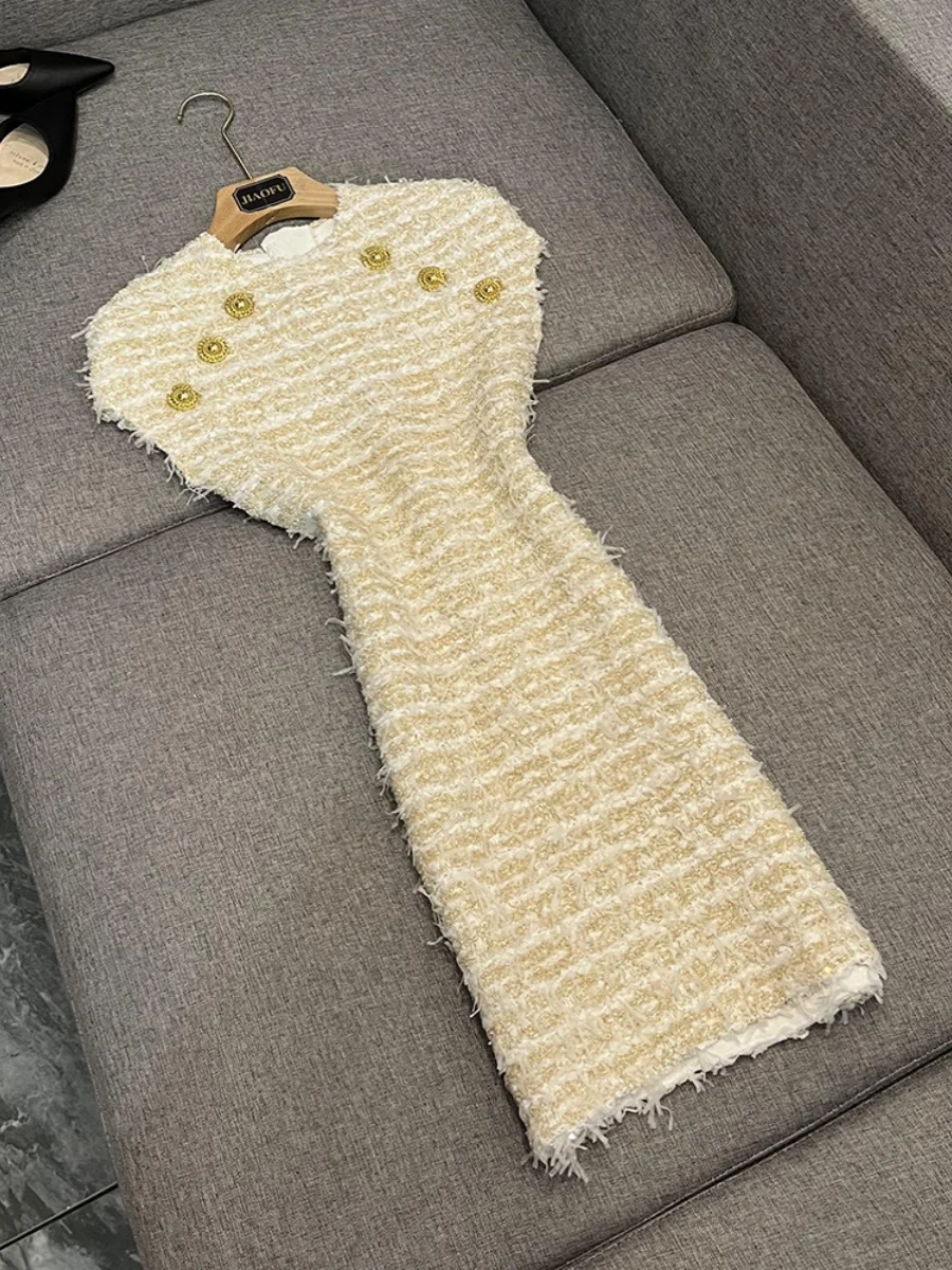 Ele ort Sve round Ne Knit Dr Faionable Tassel Trim Metal Bule French Sle للسيدات Premium Quali Spring D... #1