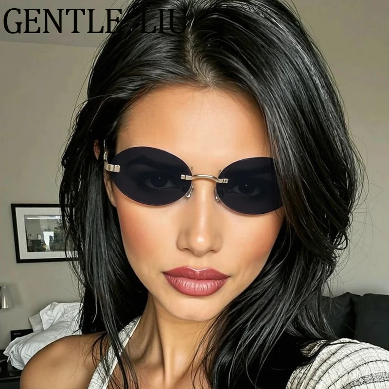 

Small Frame Rimless Oval Steampunk Sunglasses Women 2025 Luxury Brand Vintage Punk Frameless Driving Sun Glasses Eyewear UV400