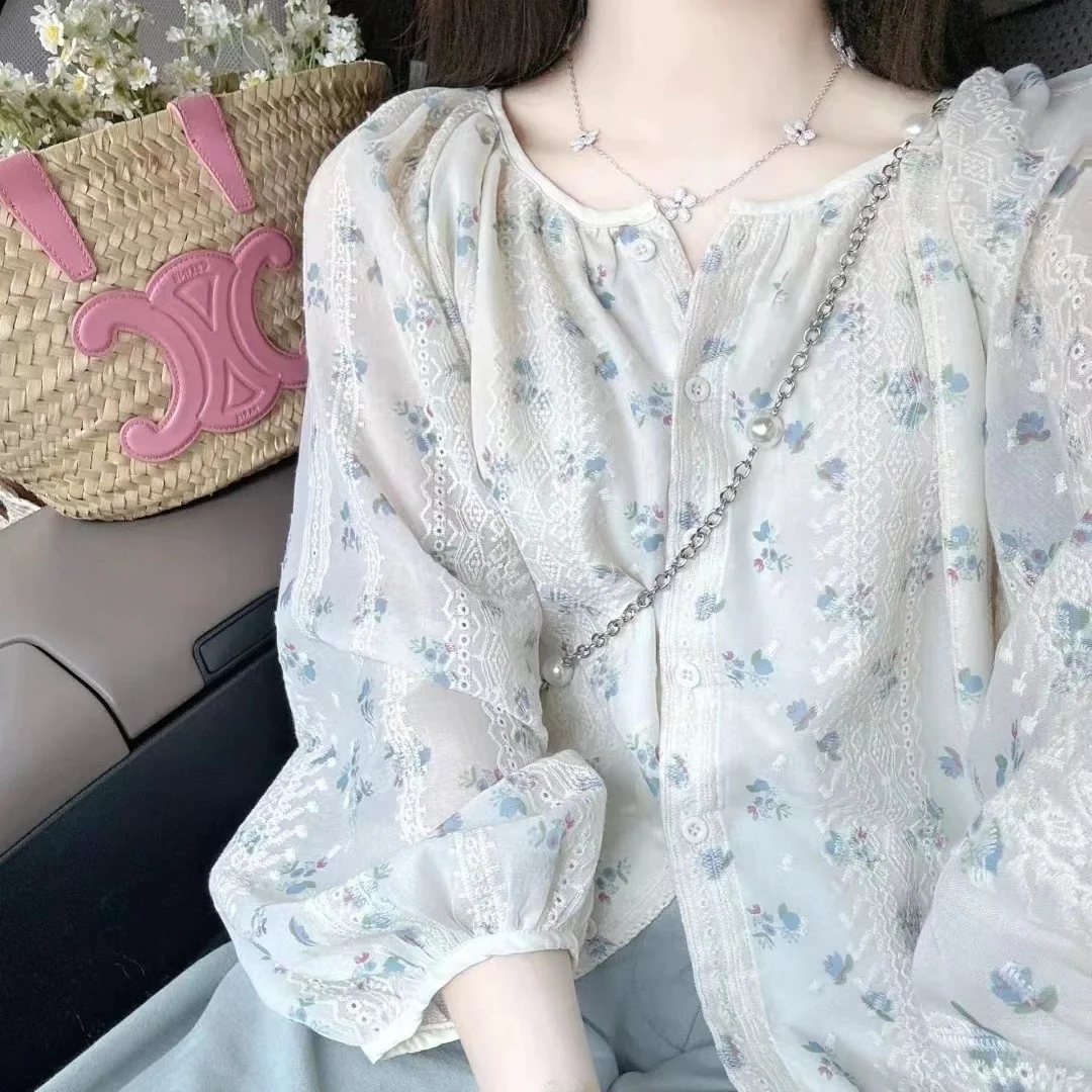 Sweet Floral Embroidery Lace Bubble Sleeve Women's Chiffon Shirt Spring Autumn New Style Gentle Wind mid Sleeve Blouse