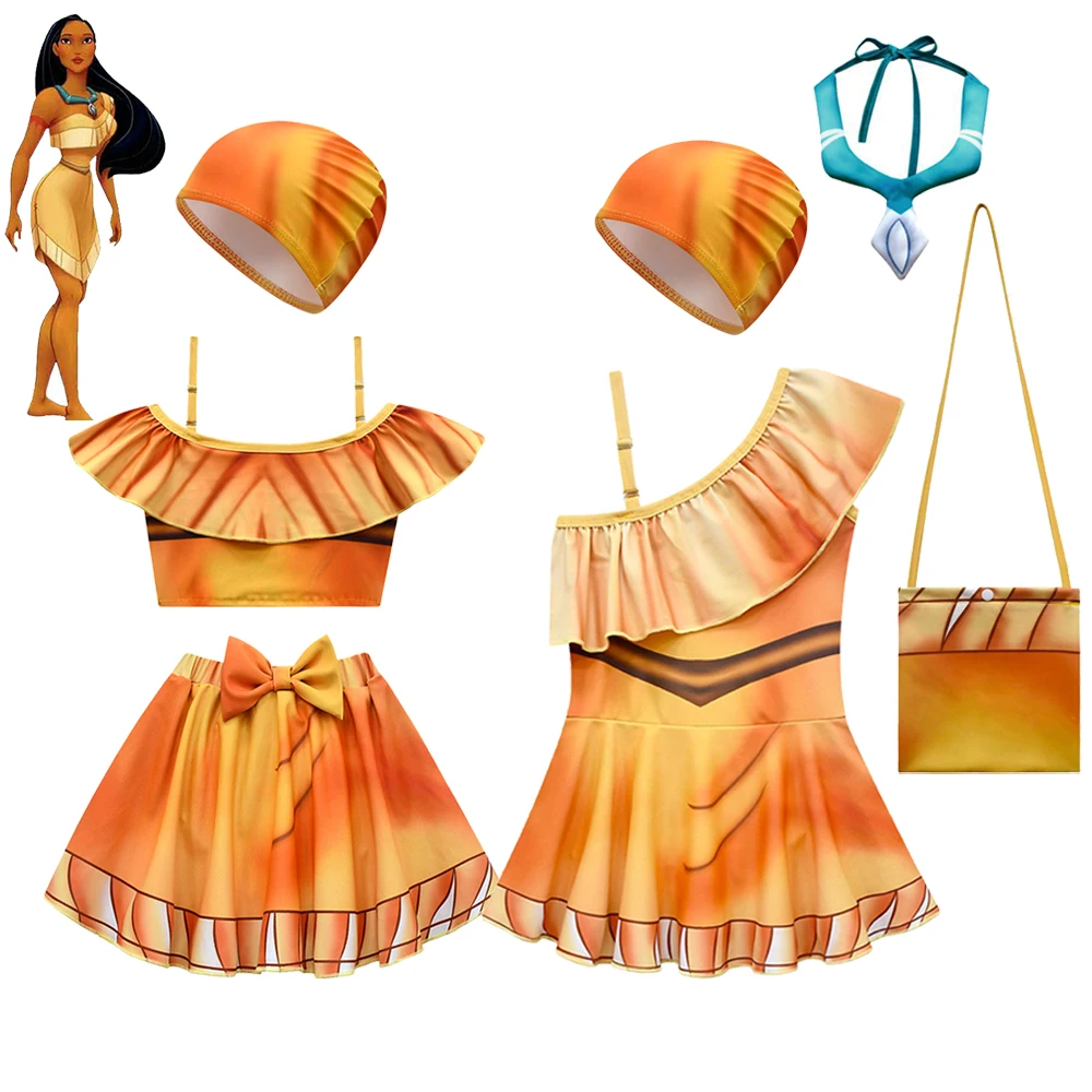 2-14Y Sleeveless Girls Swimsuit Kids Pocahontas Costume Carnival Halloween Children Pocahontas Swim Dress+swimcap Set Beach Wear