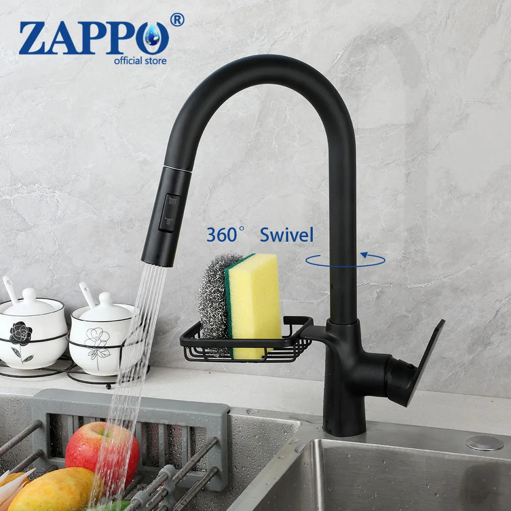 

ZAPPO Pull Down Kitchen Faucet w/ Storage rack Single Level 360 Swivel Kitchen Sink Faucets Single Handle High Arc Faucet Mixer