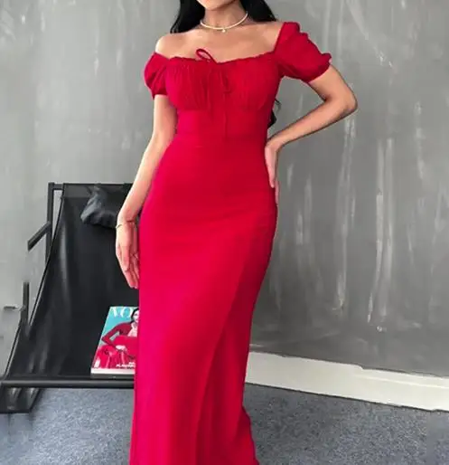 

2025 Women's Summer Strapless Dress with Bubble Sleeves And Split Long Skirt for Women