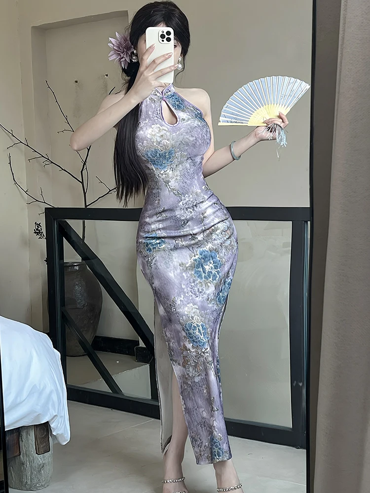 الصيف الأرجواني الأزهار الوقوف طوق شيونغسام فستان المرأة الكورية الفاخرة فستان أنيق ثوب 2025 خمر Bodycon فستان سهرة للحفلات #4