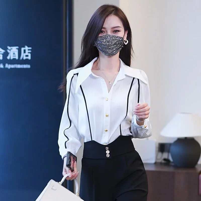 

Office Lady Striped Contrast Patchwork Shirt Tops Long Sleeve Loose Elegant Blouse Spring Autumn Vintage Korean Women Clothing