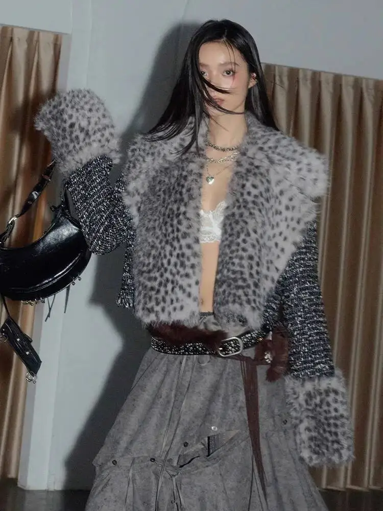

HUISONG Leopard Detachable Short Elegant Faux Fur Jacket New Lapel Long Sleeve Women Coat Fashion Tide Autumn Winter 2025