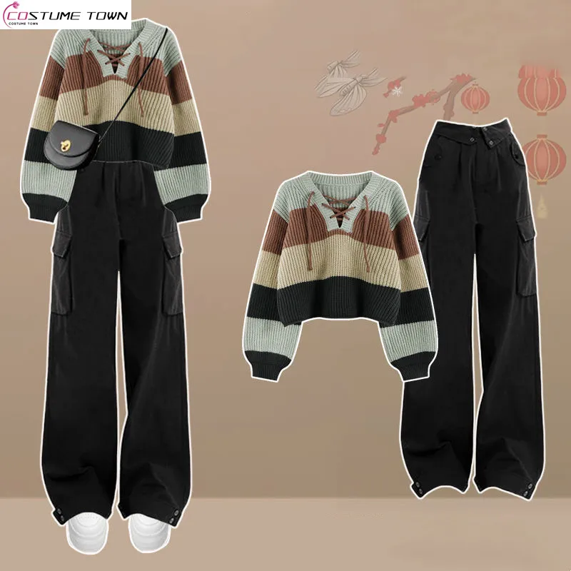 

Large size fashionable women's suit slim fit striped knitted sweater versatile high waist wide leg pants two-piece set