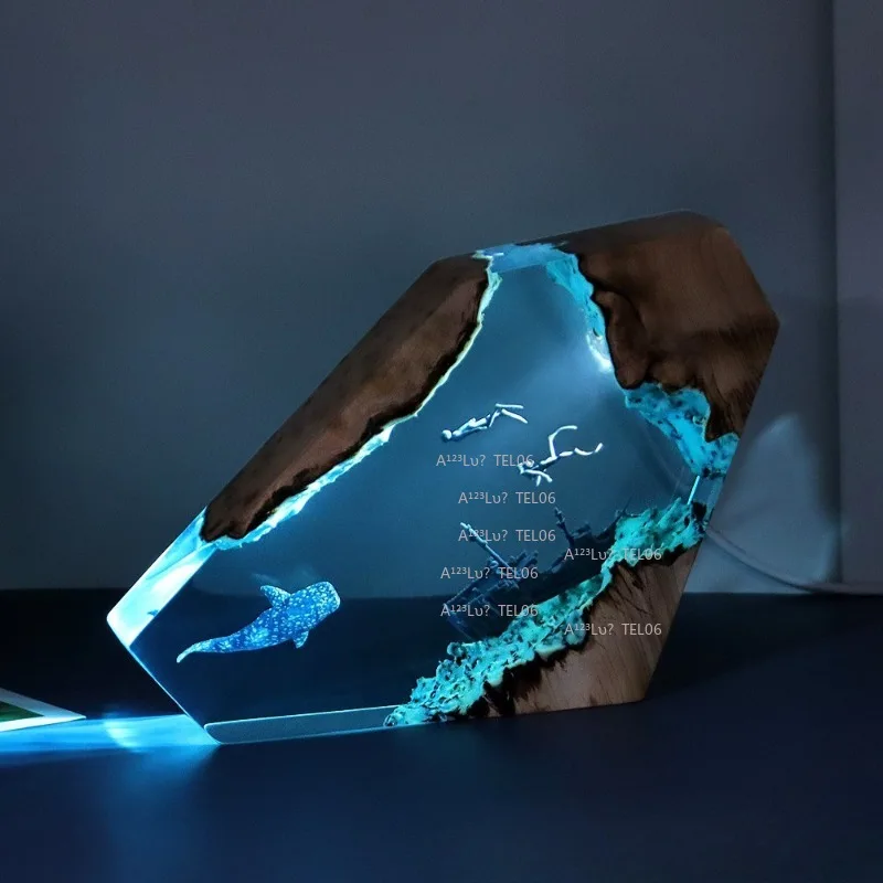 Wood Resin Night Light Ocean Art Desk Decor Shark Whale Shipwreck Home Gift globe decor