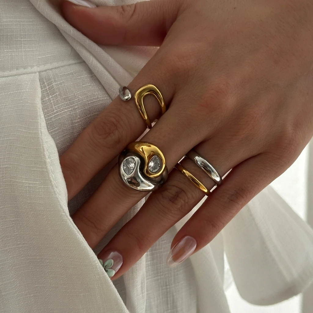 Stainless Steel Two Tone Ring for Women Trendy Parallel Double Line Irregular Geometry Stacking Ring Waterproof Daily Jewelry