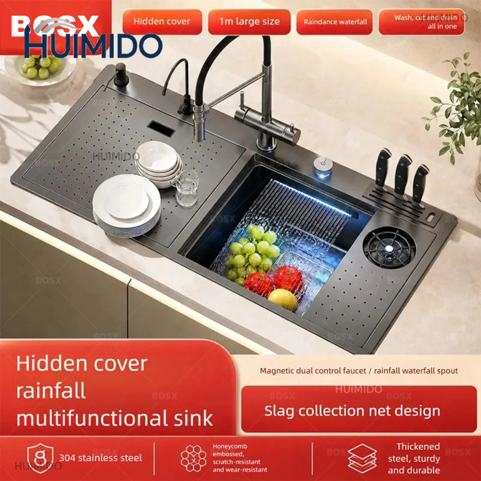Modern Hidden Cup Washer Stainless Steel Kitchen Sink Milk Tea and Coffee Bar Double Bowl Waterfall Multifunctional Sinks