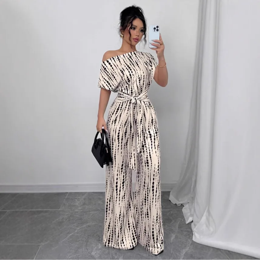Jumpsuit Women One Piece Wide Leg Pants Stripe Print Lace Up Short Sleeve Floor Length Jumpsuits Female Summer Office Lady 2025