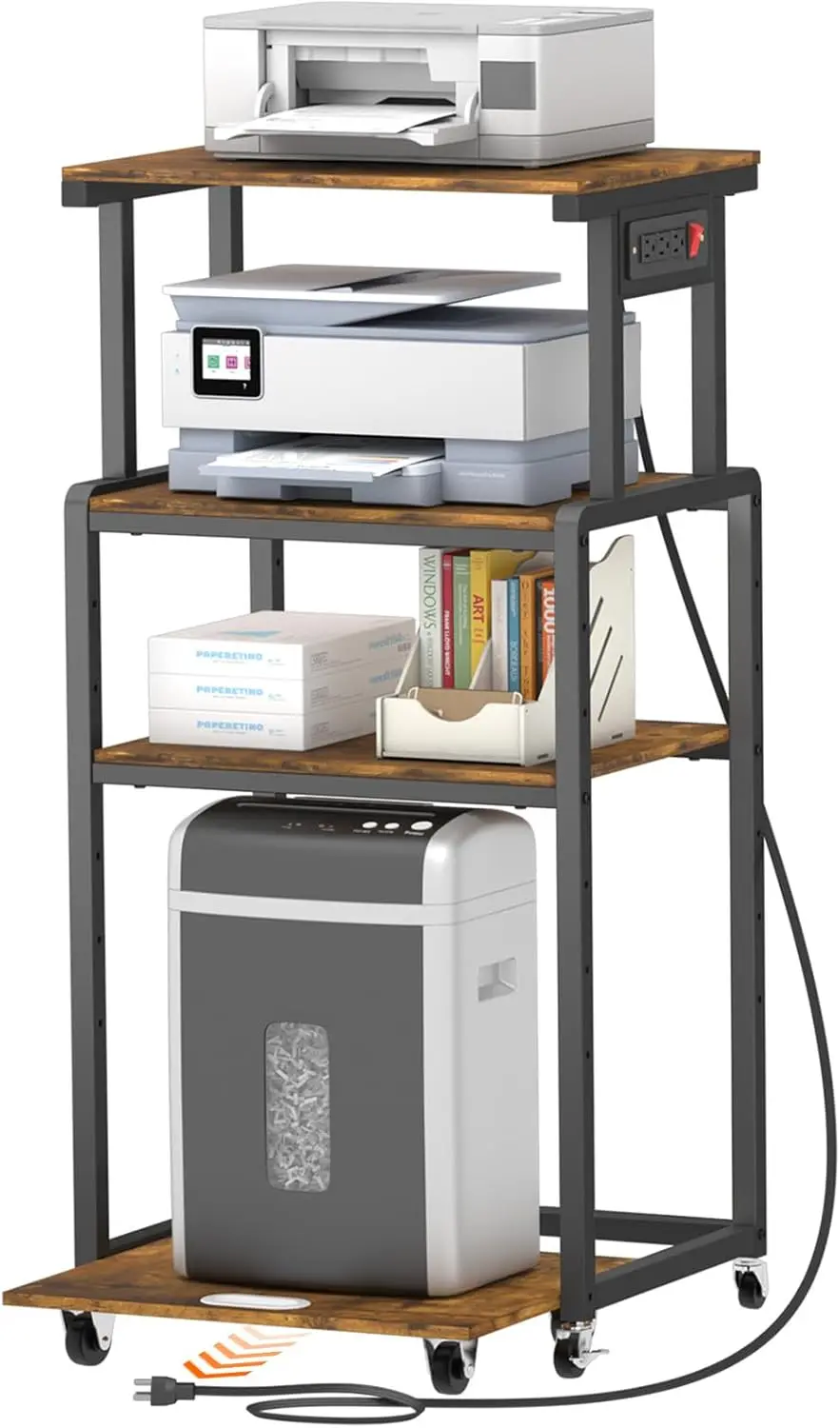 

4-Tier Rolling Printer Cart with Adjustable Shelf, 3 Power Outlets, Wheels for Home Office - Holds 340lbs