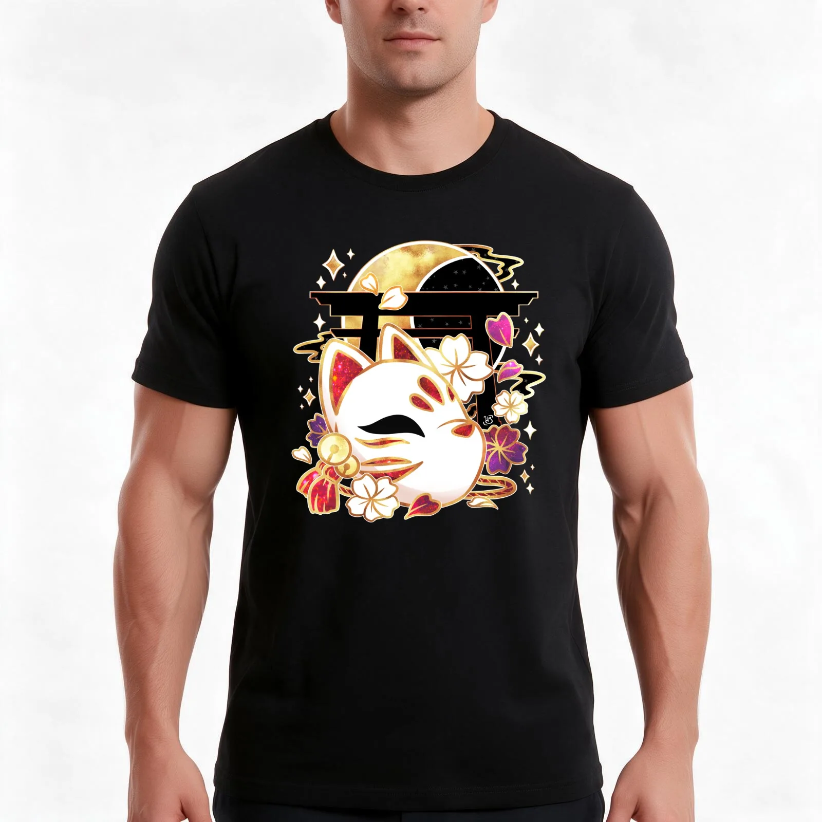 Starlit Kitsune Mask T-Shirt, Summer Casual Cotton Tee, Oversized Streetwear Tops, Vintage Graphic Print, Loose Fit Short Sleeve