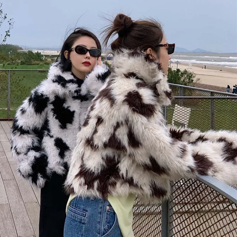 Autumn Winter Thick Hort Jackets Leopard Pattern Womens Clothing Fur Collar Lamb Wool Roll Imitation Coat Long Sleeve Short Tops