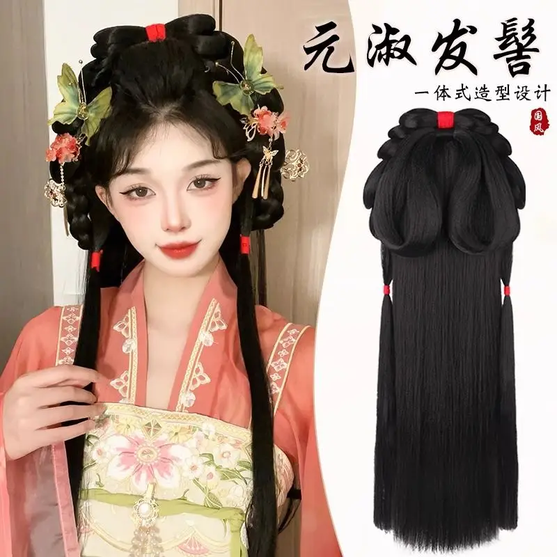 Complete Dynasty Hair System - All-in-One Ming/Tang Style Hanfu Wig with Buns & Historical Padding Ancient Chinese Hair Set