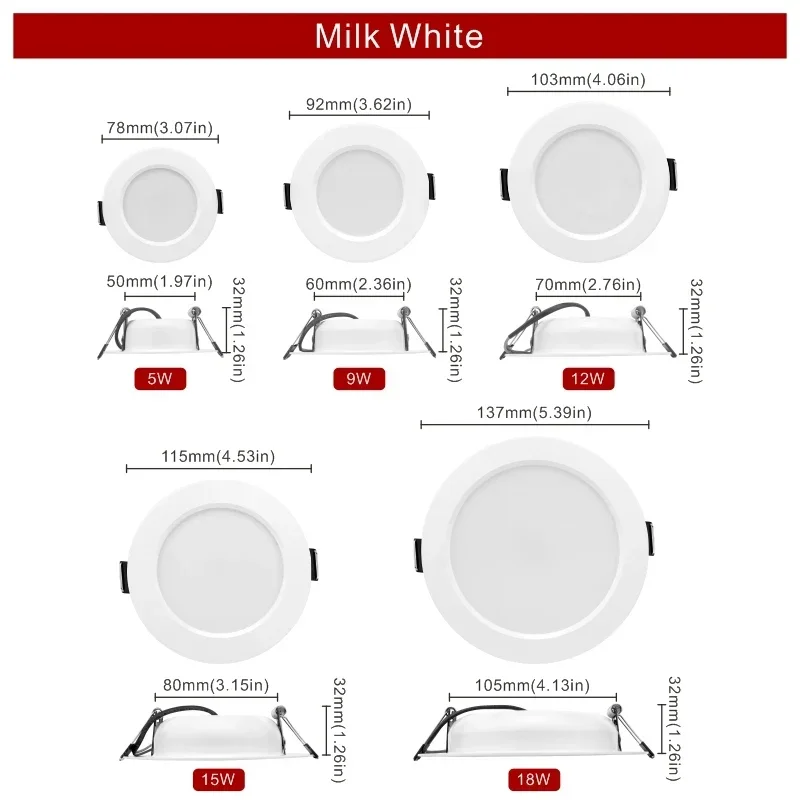 Luz descendente Led de techo empotrada, Panel redondo de 3/110 pulgadas, 12V, 24V, 220V, 5W, 9W, 12W, 15W, 18W, lote de 10 unidades