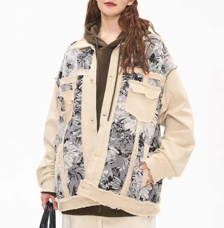 

TEELYNN Vintage Long Sleeve Floral Jacquard Denim Jackets for Women Casual Loose Oversize Denim Coat Streetwear Outwear Jacket