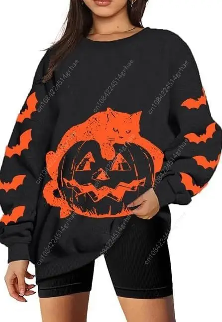 Black Cat on Pumpkin Oversized Sweatshirt Halloween Sweatshirts for Women Fall Pumpkin Face Long Sleeve Pullover Tops