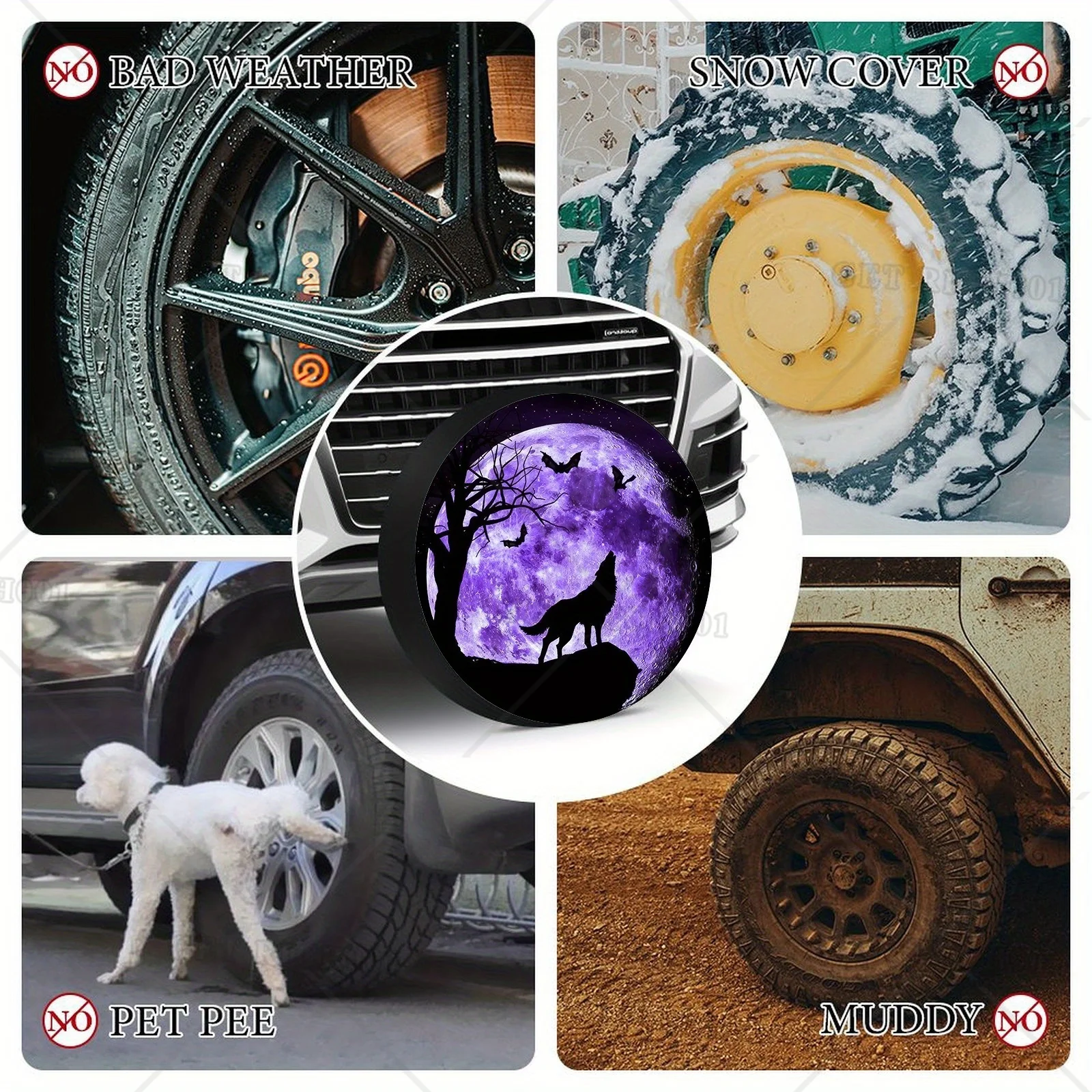 할로윈 테마의 보라색 달늑대 스페어 타이어 커버는 트럭 RV 자동차용 방풍 방진 자외선 방지 타이어 보호 장치에 적합합니다.