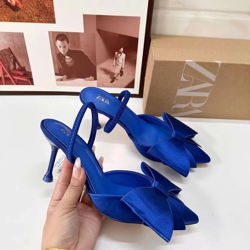 

Woman Blue Red Bow Knot Stiletto High Heels Sandals Sexy Pointed Pumps Heels Summer Elegant Party Female Slingback Sandals