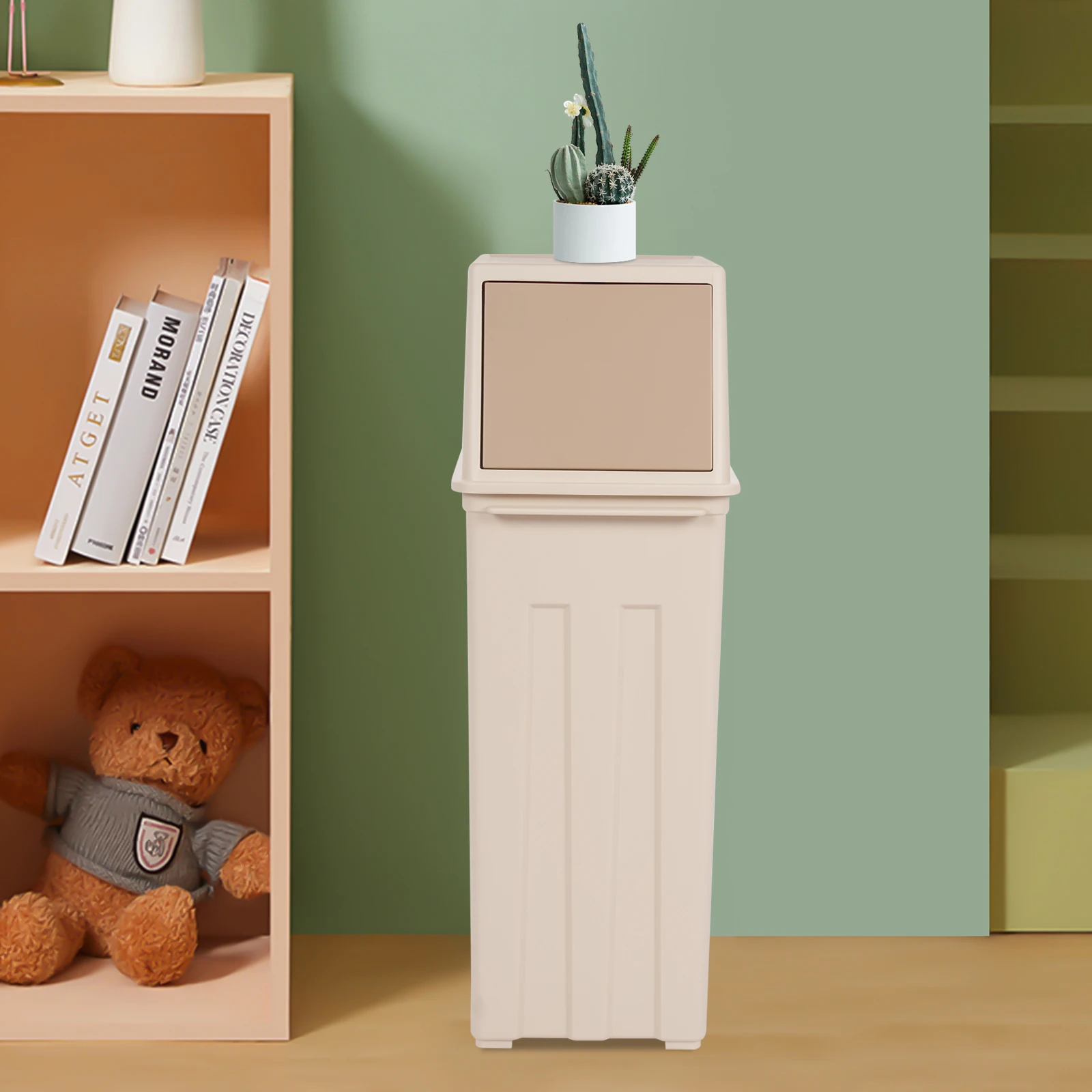 

Khaki 8-Gallon Trash Can(User-Friendly&Durable) - Black Pressure Ring&Secures Trash Bag(Prevents Slipping), Raised Feet