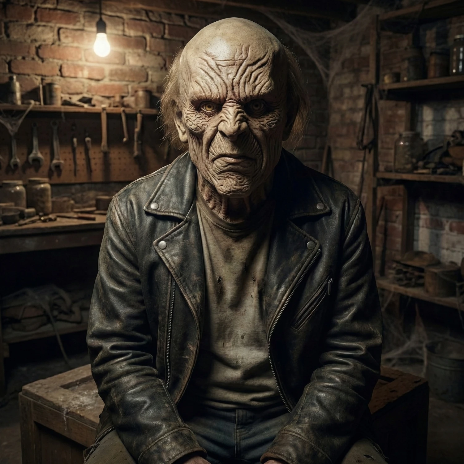 Gruselige, böse aussehende Maske eines alten Mannes, gruseliges, faltiges Gesicht, Latex-Kopfbedeckung, Halloween-Spukhaus-Requisite mit zartem Haar