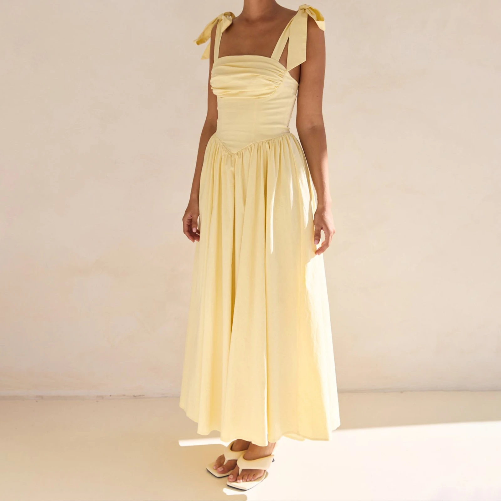 Vestido liso con lazo en los hombros para mujer, vestido largo fruncido con cuello cuadrado para vacaciones en la playa, fiesta de verano, ropa de calle para uso diario