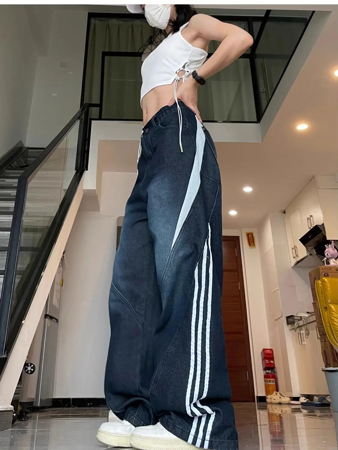 Striped Sport Jeans Loose-Fit Straight-Leg Pants Trendy Wide-Leg Hong Kong Style Spring Autumn Season Casual Wide Leg Pants