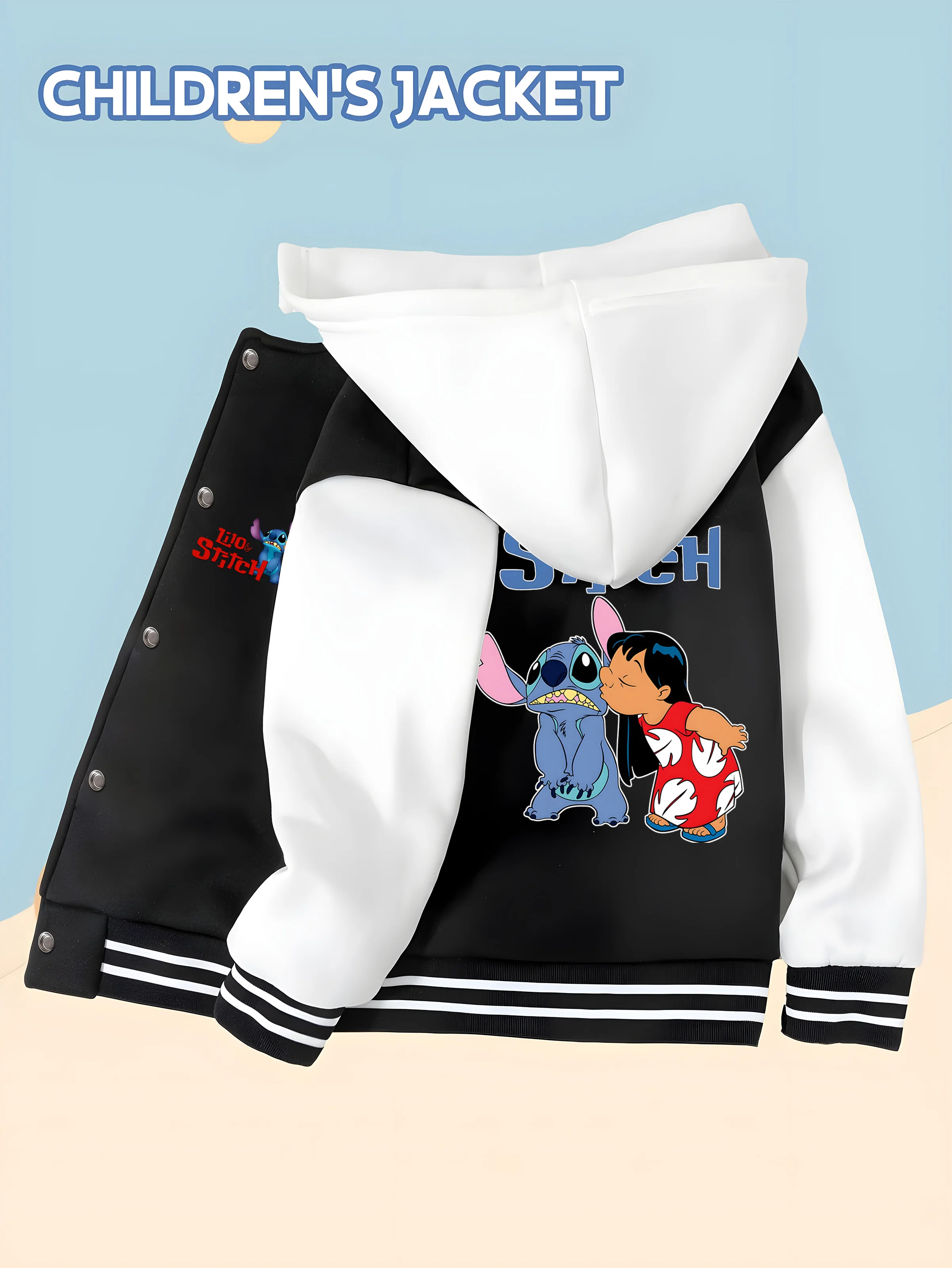 

MINISO Disney Stitch and Lilo Baseball Jacket for Boys-Double-sided warm interactive print,suitable for daily school,soft fabric
