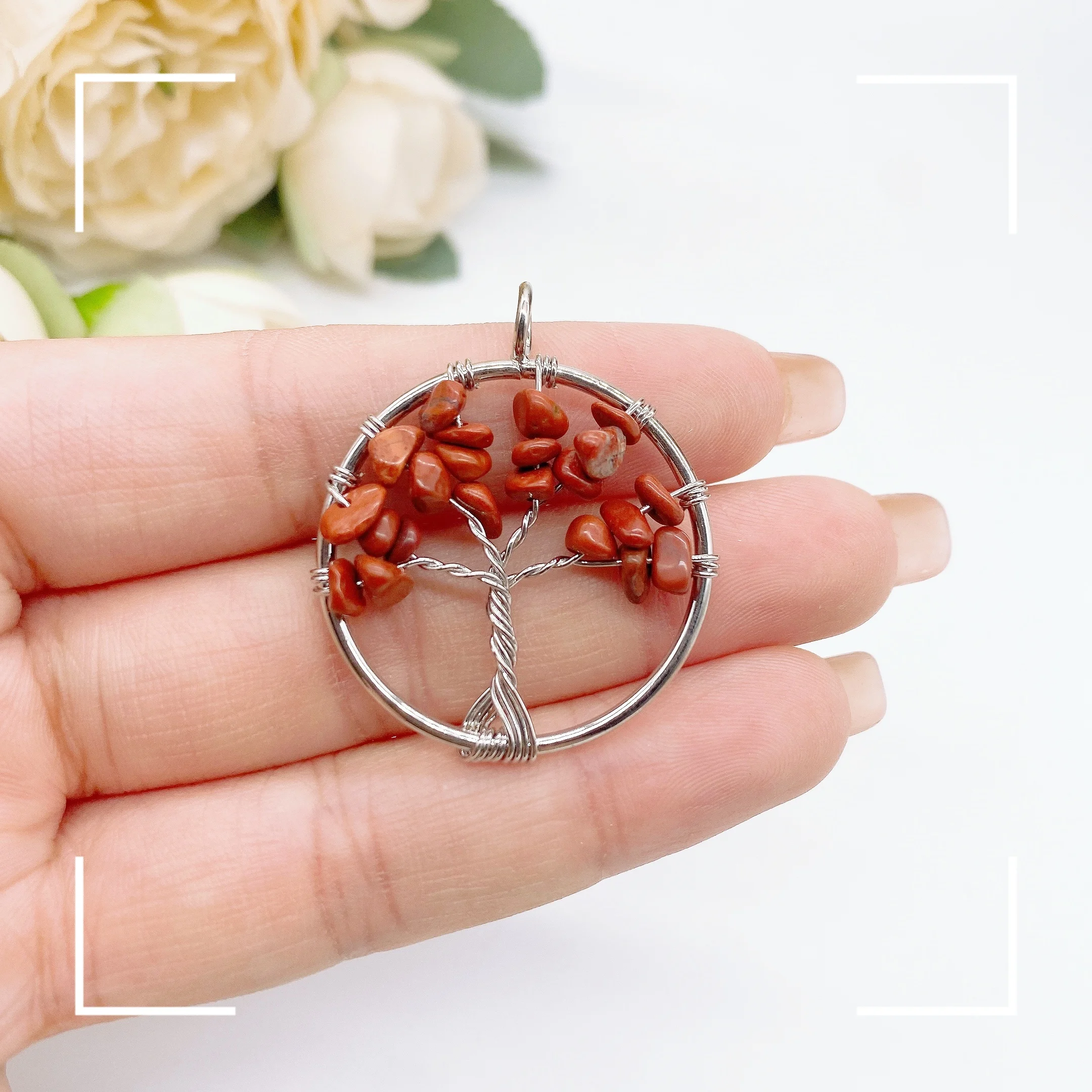 1PCS Natural Red Jasper Rose Quartz Stone Handmade Wire Wrapped Tree Of Life Pendants For Jewelry Make Key Decoration Gift