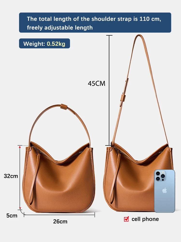 Borsa a tracolla marrone da donna Zency Borse da ragazza alla moda in morbida pelle Borsa hobo di grande capacità a spalla di design di lusso per