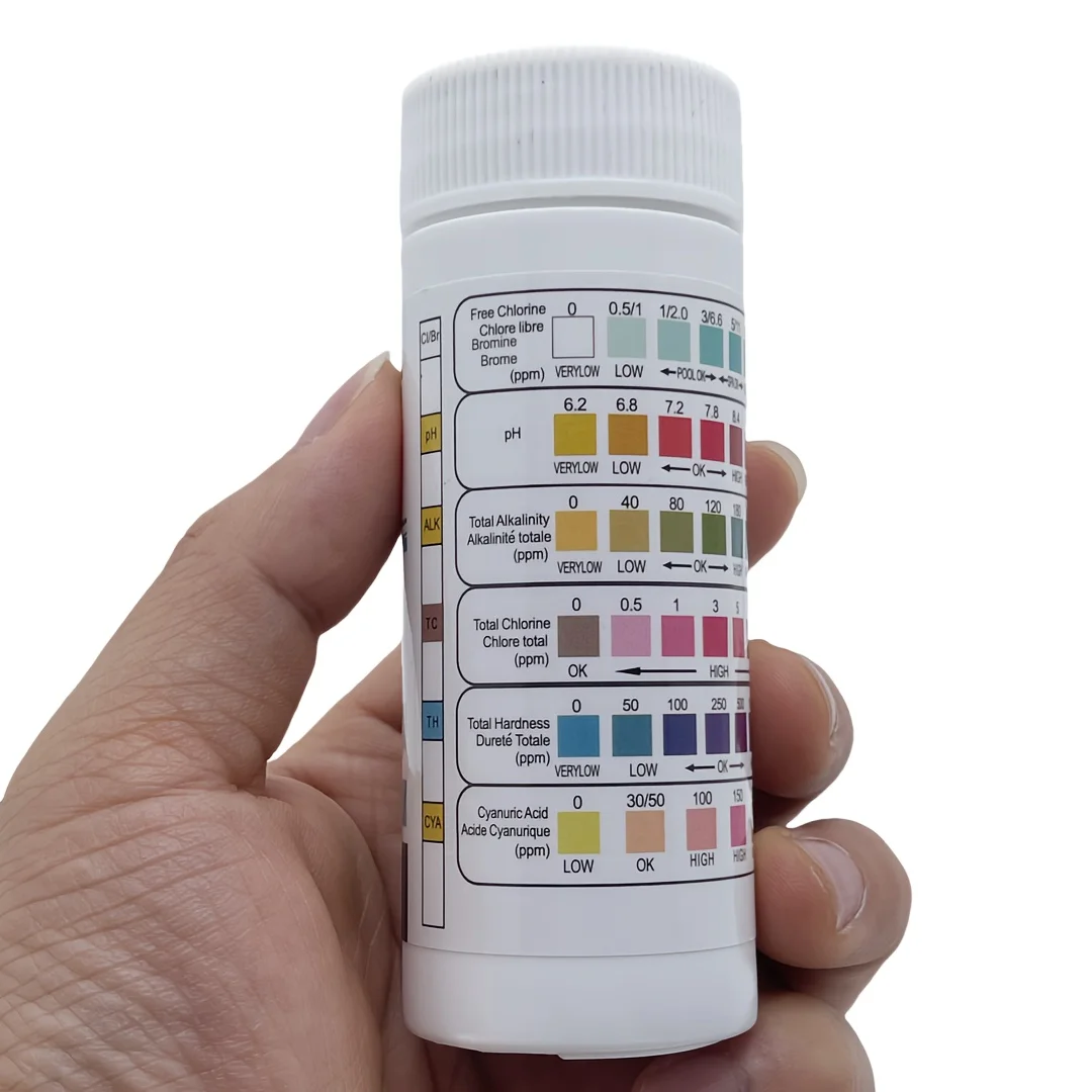 شرائط اختبار مياه حمام السباحة والسبا 6 في 1 - قياس دقيق لـ PH، الكلور، البروم، القلوية الإجمالية لاختبار مياه خزان الأسماك