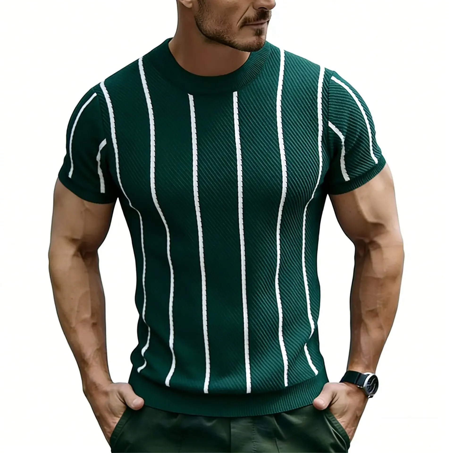 Men Color-coded Striped Slim O-neck Short Sleeve Casual Business Trendy Simple Daily T-shirts Male Summer New Fashion Clothes