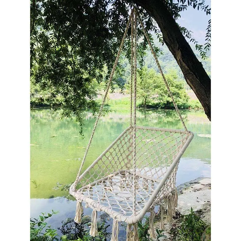 1Pc Home Portable Ins Nordic Style Indoor Outdoor Rectangular Hanging Chair Children Swing Toy Balcony Tassel Hanging Basket