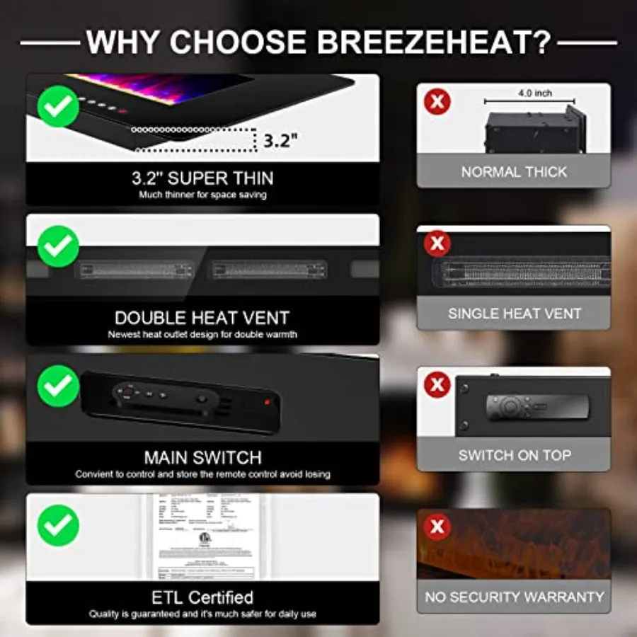 50 مدفأة كهربائية رفيعة للغاية مع شهادة ETL لتركيب التثبيت المريح أو المثبت على الحائط تتميز بتأثير لهب ثلاثي الأبعاد