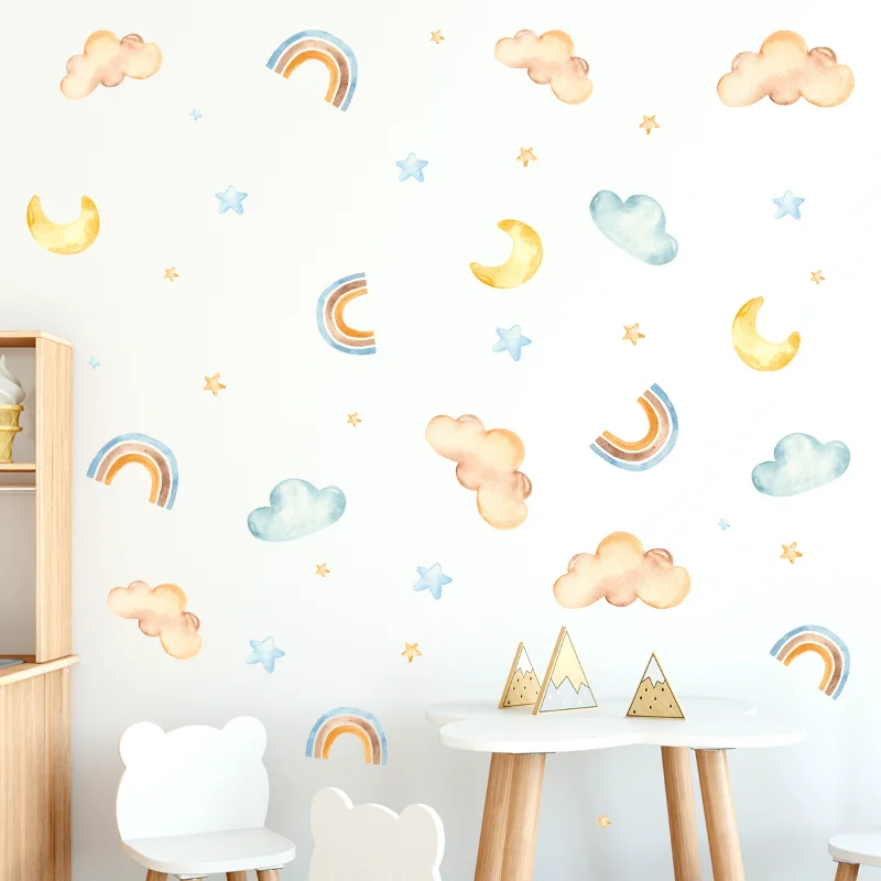 3Pcs Cartoon Cloud Moon Rainbow Wall Stickers Baby Room Star Home Decoration Children's Kids Roomdecor Living Room Wall Decals