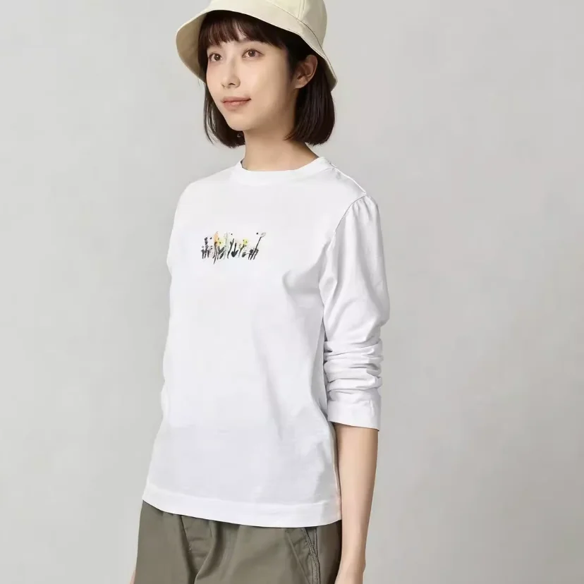 

Футболка Sweet Sle Long Sve с вышивкой из бамбука и хлопка с цветочным принтом, Новое поступление, свободный женский круглый топ Ne