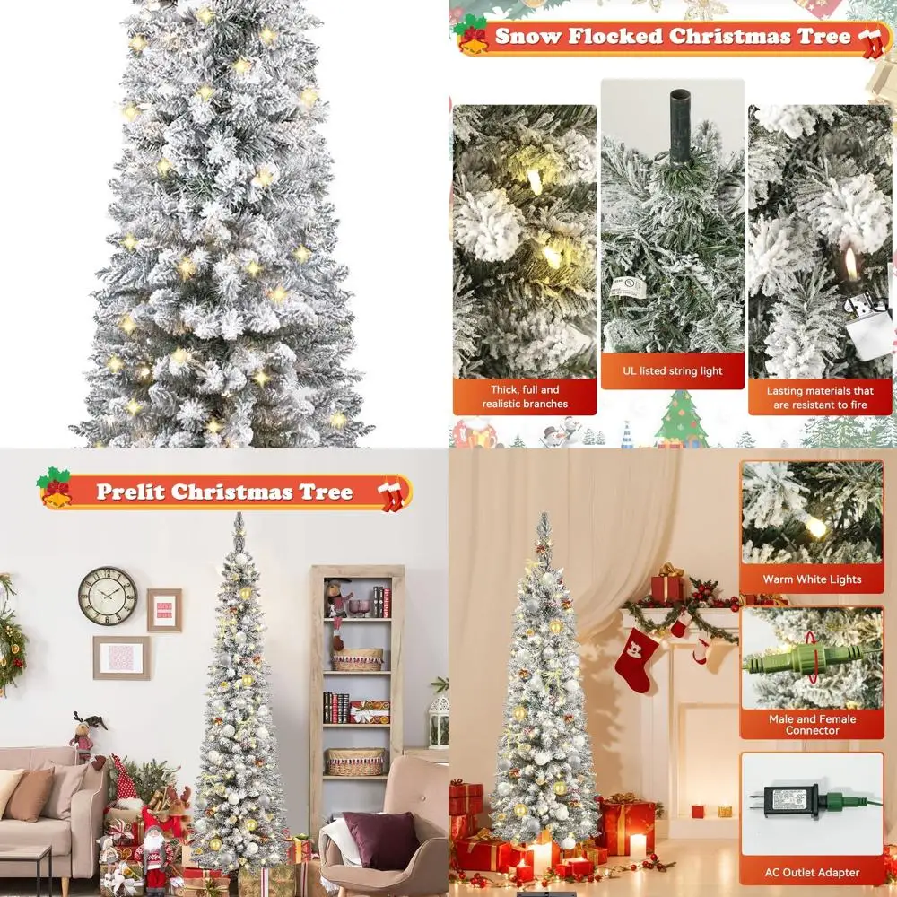 

Illuminated 4-Foot White Frosted Pencil Noble Fir Christmas Tree with Metal Stand and Premium Decorations