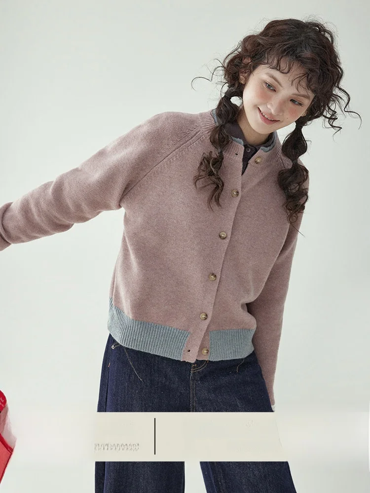 

AMUU Оригинальный вязаный кардиган с круглым вырезом, женский, осенне-зимний, новый, в стиле колор-блок, повседневный, свободного кроя